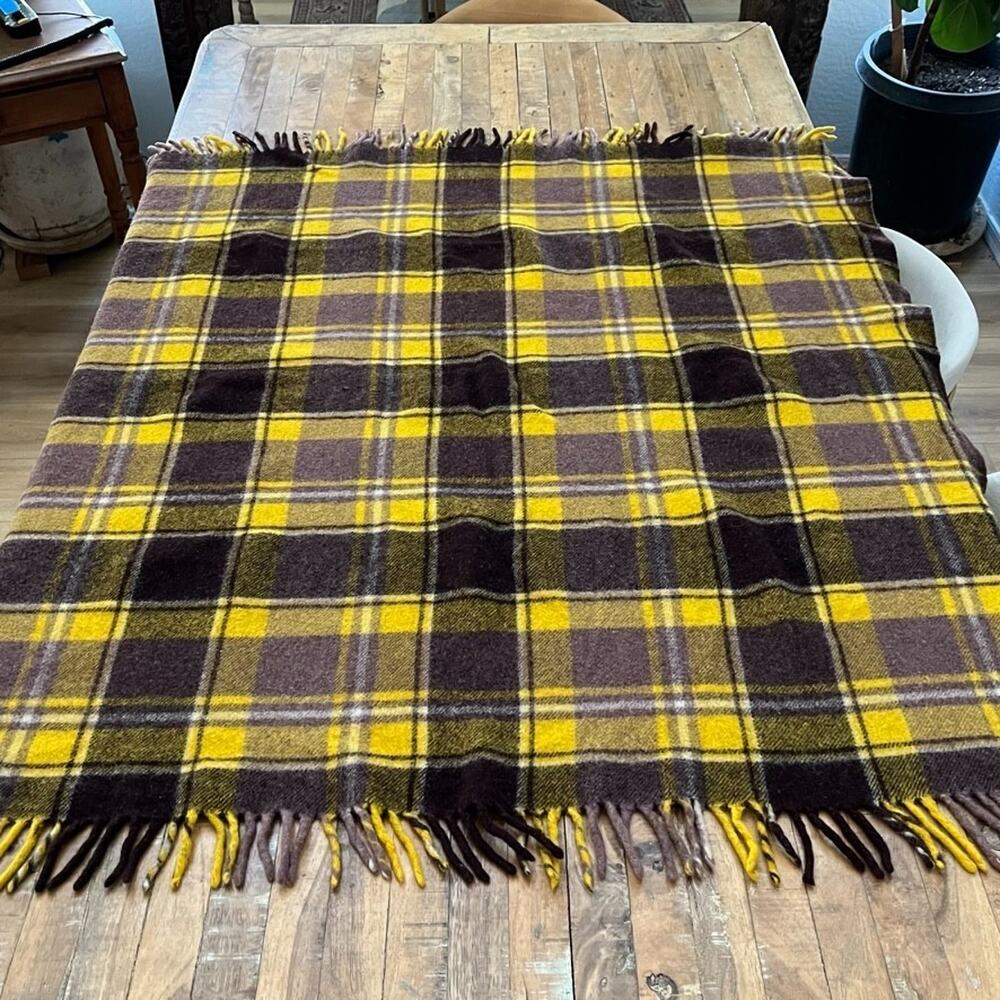 Unbranded Yellow Brown Wool Plaid Checkered Fringe Throw Blanket 46" x 46"